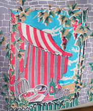 Load image into Gallery viewer, 50s PINK AND GREY FULL SKIRTED NOVELTY DRESS WITH BEACH AND CAFE WINDOW SCENE - S