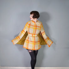 Load image into Gallery viewer, 70s FIREY ORANGE AND YELLOW CHECK SOFT FUZZY MOHAIR CAPE WITH BELT - S-M