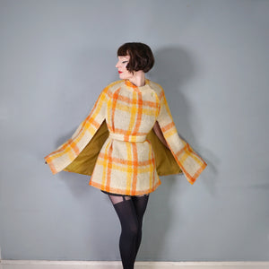 70s FIREY ORANGE AND YELLOW CHECK SOFT FUZZY MOHAIR CAPE WITH BELT - S-M