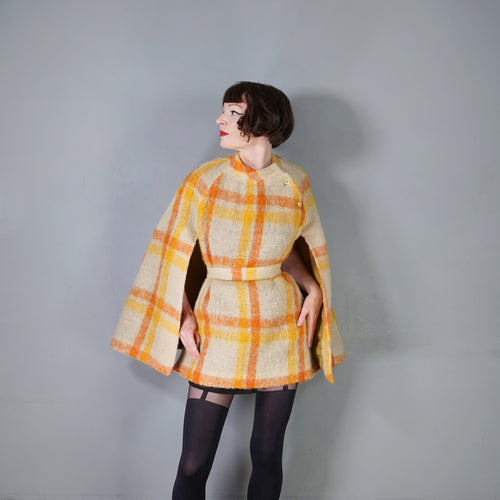 70s FIREY ORANGE AND YELLOW CHECK SOFT FUZZY MOHAIR CAPE WITH BELT - S-M
