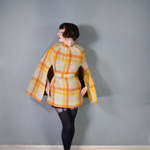 70s FIREY ORANGE AND YELLOW CHECK SOFT FUZZY MOHAIR CAPE WITH BELT - S-M
