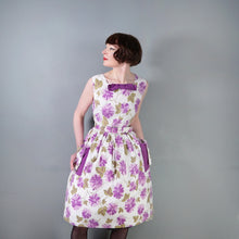 Load image into Gallery viewer, 50s PURPLE FLORAL COTTON DAY DRESS WITH BELT AND POCKETS - S