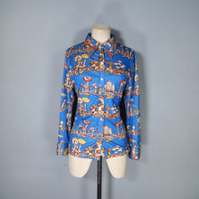 Load image into Gallery viewer, AMAZING 70s BRIGHT BLUE AUTUMN MUSHROOM NOVELTY PRINT SHIRT - S