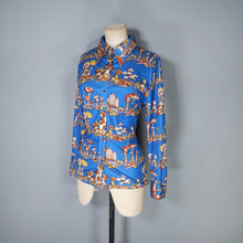 Load image into Gallery viewer, AMAZING 70s BRIGHT BLUE AUTUMN MUSHROOM NOVELTY PRINT SHIRT - S