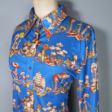Load image into Gallery viewer, AMAZING 70s BRIGHT BLUE AUTUMN MUSHROOM NOVELTY PRINT SHIRT - S