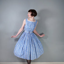 Load image into Gallery viewer, 50s BLUE AND WHITE CHECKED FULL SKIRTED COTTON DRESS WITH LITTLE YELLOW ROSES AND IVY - S-M