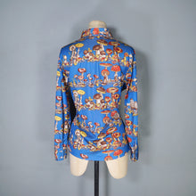 Load image into Gallery viewer, AMAZING 70s BRIGHT BLUE AUTUMN MUSHROOM NOVELTY PRINT SHIRT - S