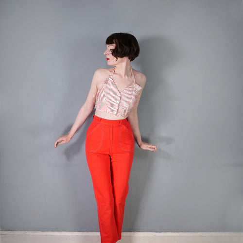 50s 60s HIGH WAISTED BRIGHT BOLD RED CROPPED LEG DENIM JEANS - 26