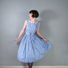Load image into Gallery viewer, 50s BLUE AND WHITE CHECKED FULL SKIRTED COTTON DRESS WITH LITTLE YELLOW ROSES AND IVY - S-M