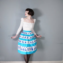 Load image into Gallery viewer, 50s ST MICHAEL NOVELTY SKIRT IN BLUE STRIPE PRINT WITH GREETING BOYS AND GIRLS - XS-S