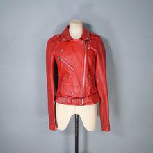 Load image into Gallery viewer, BOLD RED REAL LEATHER FITTED BIKER JACKET WITH SELF BELT - S