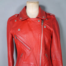 Load image into Gallery viewer, BOLD RED REAL LEATHER FITTED BIKER JACKET WITH SELF BELT - S