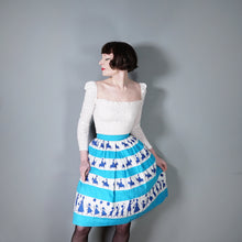 Load image into Gallery viewer, 50s ST MICHAEL NOVELTY SKIRT IN BLUE STRIPE PRINT WITH GREETING BOYS AND GIRLS - XS-S