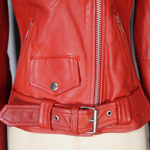 Load image into Gallery viewer, BOLD RED REAL LEATHER FITTED BIKER JACKET WITH SELF BELT - S