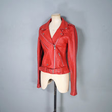 Load image into Gallery viewer, BOLD RED REAL LEATHER FITTED BIKER JACKET WITH SELF BELT - S