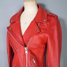 Load image into Gallery viewer, BOLD RED REAL LEATHER FITTED BIKER JACKET WITH SELF BELT - S