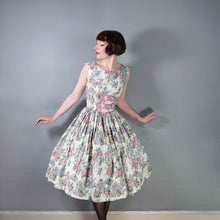 Load image into Gallery viewer, 50s RUIN AND FLOWER PRINT GREEN AND PINK FULL SKIRTED DRESS - S