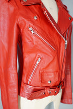 Load image into Gallery viewer, BOLD RED REAL LEATHER FITTED BIKER JACKET WITH SELF BELT - S