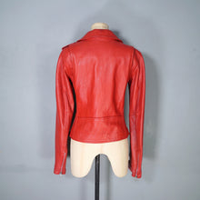Load image into Gallery viewer, BOLD RED REAL LEATHER FITTED BIKER JACKET WITH SELF BELT - S