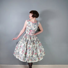 Load image into Gallery viewer, 50s RUIN AND FLOWER PRINT GREEN AND PINK FULL SKIRTED DRESS - S