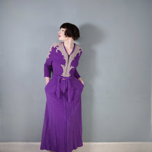 Load image into Gallery viewer, 40s WARM FLANNEL PURPLE AND GREY ART DECO HOUSE GOWN / ROBE DRESS - S
