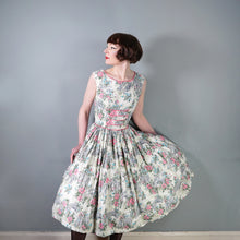 Load image into Gallery viewer, 50s RUIN AND FLOWER PRINT GREEN AND PINK FULL SKIRTED DRESS - S