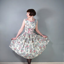 Load image into Gallery viewer, 50s RUIN AND FLOWER PRINT GREEN AND PINK FULL SKIRTED DRESS - S