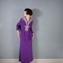 Load image into Gallery viewer, 40s WARM FLANNEL PURPLE AND GREY ART DECO HOUSE GOWN / ROBE DRESS - S