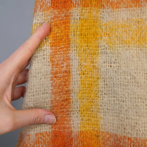70s FIREY ORANGE AND YELLOW CHECK SOFT FUZZY MOHAIR CAPE WITH BELT - S-M