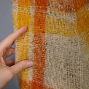 70s FIREY ORANGE AND YELLOW CHECK SOFT FUZZY MOHAIR CAPE WITH BELT - S-M