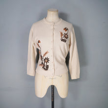 Load image into Gallery viewer, 50s PALE HONEY SOFT WOOL BEADED CARDIGAN WITH BRONZE FLOWERS - S