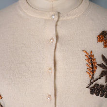 Load image into Gallery viewer, 50s PALE HONEY SOFT WOOL BEADED CARDIGAN WITH BRONZE FLOWERS - S