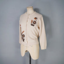 Load image into Gallery viewer, 50s PALE HONEY SOFT WOOL BEADED CARDIGAN WITH BRONZE FLOWERS - S