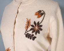 Load image into Gallery viewer, 50s PALE HONEY SOFT WOOL BEADED CARDIGAN WITH BRONZE FLOWERS - S