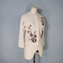 Load image into Gallery viewer, 50s PALE HONEY SOFT WOOL BEADED CARDIGAN WITH BRONZE FLOWERS - S