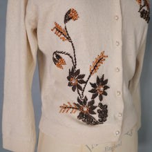 Load image into Gallery viewer, 50s PALE HONEY SOFT WOOL BEADED CARDIGAN WITH BRONZE FLOWERS - S