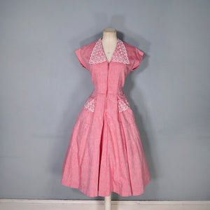 40s PINK ZIP FRONT TEA DRESS WITH BRODERIE ANGLAISE COLLAR AND POCKET - S