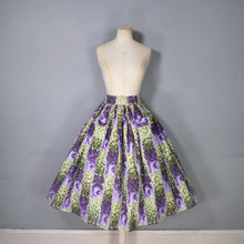 Load image into Gallery viewer, 50s 60s GREEN PURPLE FLORAL FULL SKIRT WITH POCKETS - 25-26"