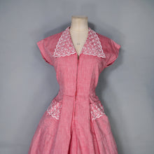 Load image into Gallery viewer, 40s PINK ZIP FRONT TEA DRESS WITH BRODERIE ANGLAISE COLLAR AND POCKET - S