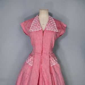 40s PINK ZIP FRONT TEA DRESS WITH BRODERIE ANGLAISE COLLAR AND POCKET - S