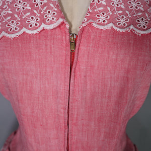 40s PINK ZIP FRONT TEA DRESS WITH BRODERIE ANGLAISE COLLAR AND POCKET - S