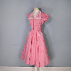40s PINK ZIP FRONT TEA DRESS WITH BRODERIE ANGLAISE COLLAR AND POCKET - S