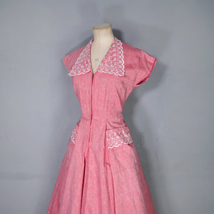 40s PINK ZIP FRONT TEA DRESS WITH BRODERIE ANGLAISE COLLAR AND POCKET - S