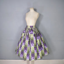 Load image into Gallery viewer, 50s 60s GREEN PURPLE FLORAL FULL SKIRT WITH POCKETS - 25-26"
