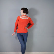 Load image into Gallery viewer, 60s 70s HANDKNITTED BRIGHT ORANGE FAIRISLE YOKE WOOL JUMPER - S-M