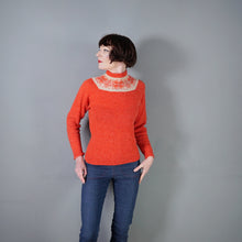 Load image into Gallery viewer, 60s 70s HANDKNITTED BRIGHT ORANGE FAIRISLE YOKE WOOL JUMPER - S-M
