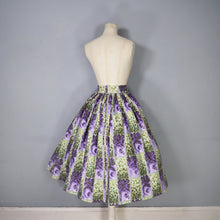 Load image into Gallery viewer, 50s 60s GREEN PURPLE FLORAL FULL SKIRT WITH POCKETS - 25-26"