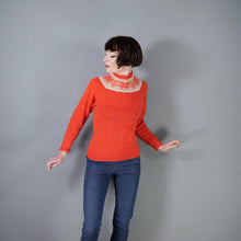 Load image into Gallery viewer, 60s 70s HANDKNITTED BRIGHT ORANGE FAIRISLE YOKE WOOL JUMPER - S-M