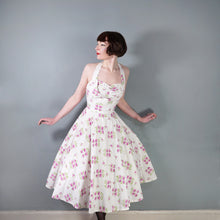 Load image into Gallery viewer, 50s BUNNY CASUALS OF MIAMI RHINESTONED FLORAL HALTER FULL SKIRT DRESS - S