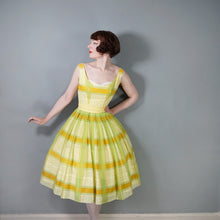 Load image into Gallery viewer, 50s 60s BRIGHT YELLOW AND LIME GREEN CHECK PRINT DRESS - XS-S
